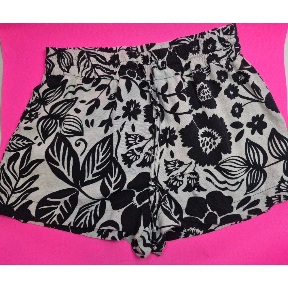 Zara Womens Black Cream Floral Linen Blend Shorts Size L Bohemian Vacation Beach